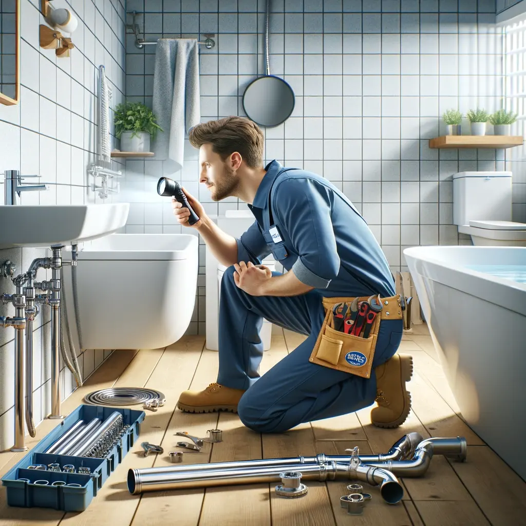 Professional plumber in blue uniform inspecting pipes under sink in a modern, well-lit bathroom, equipped with bathtub, shower, and sink, with spare pipes and tools on floor