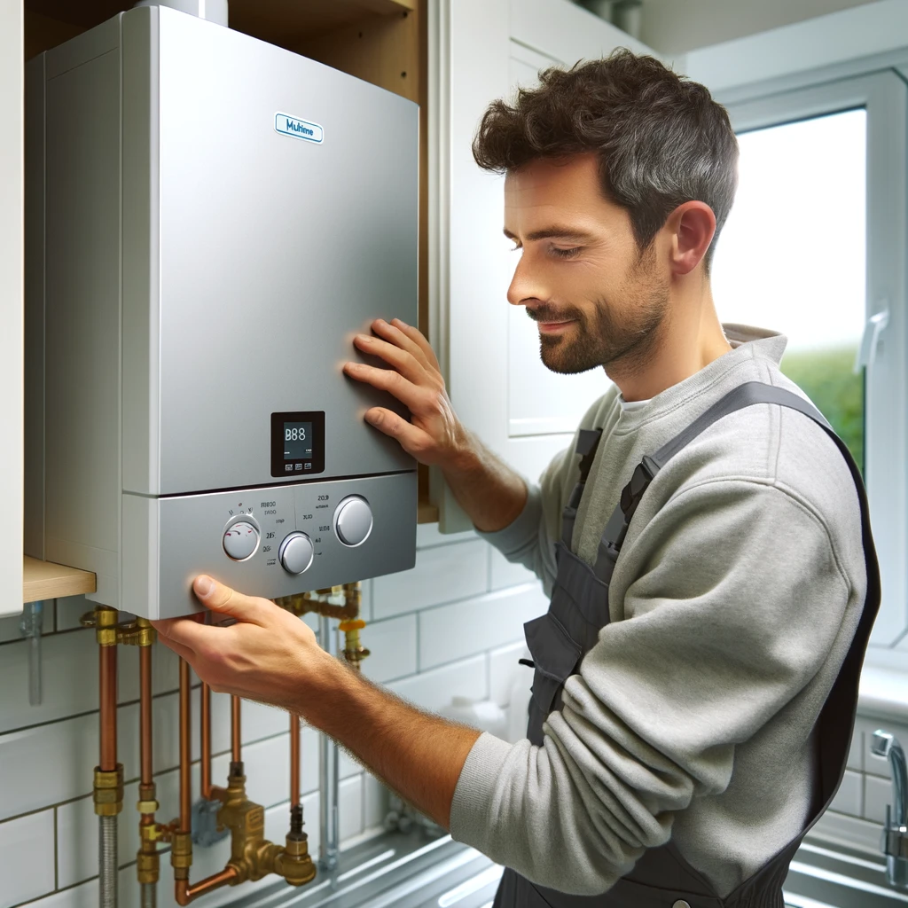  image of a professional plumber or heating engineer working on a combi boiler
