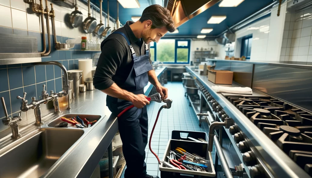 professional plumber at work in a large commercial kitchen