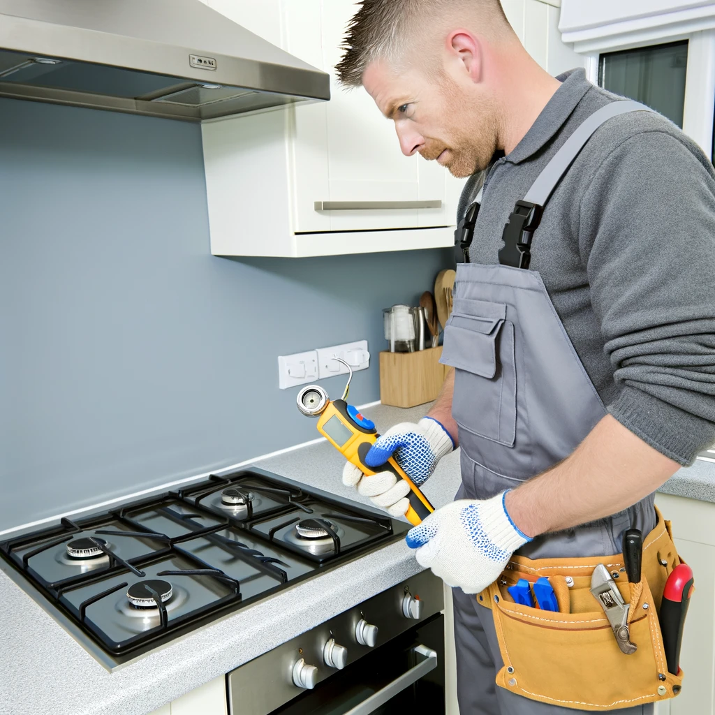 Professional plumber in work uniform and safety gloves using a handheld gas leak detector on a stove in a modern, well-lit kitchen, highlighting expertise and safety in gas leak detection.