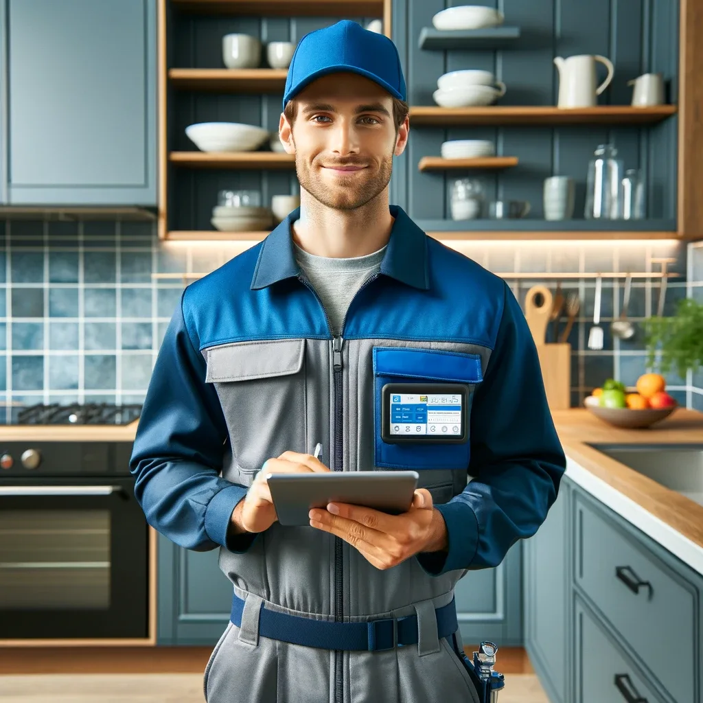 Professional plumber in blue uniform using a handheld computer in a modern kitchen with stainless steel appliances and sleek countertops.